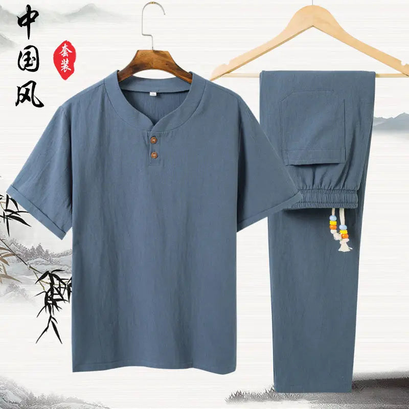 Conjunto Masculino Algodao Linho - T-shirt e Calcas Estilo Chines