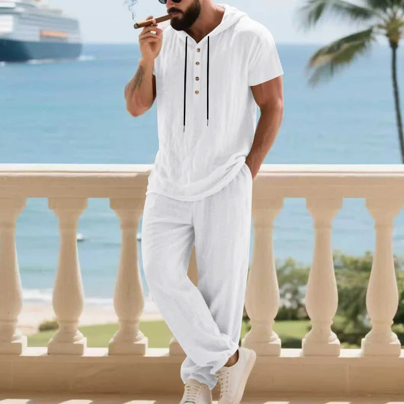 Conjunto Masculino Linho com Capuz - Hoodie e Calcas de Perna Larga