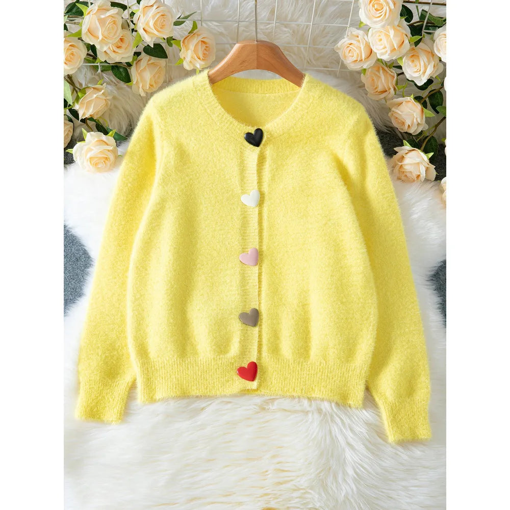 Camisola Cardigan Feminina Amarela com Botões Coração | Malha Outono Inverno