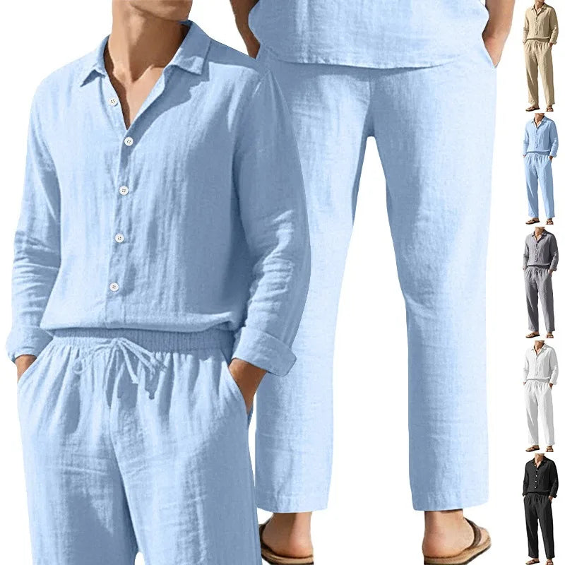 Conjunto Masculino Linho Manga Comprida - Camisa Protecao Solar e Calcas