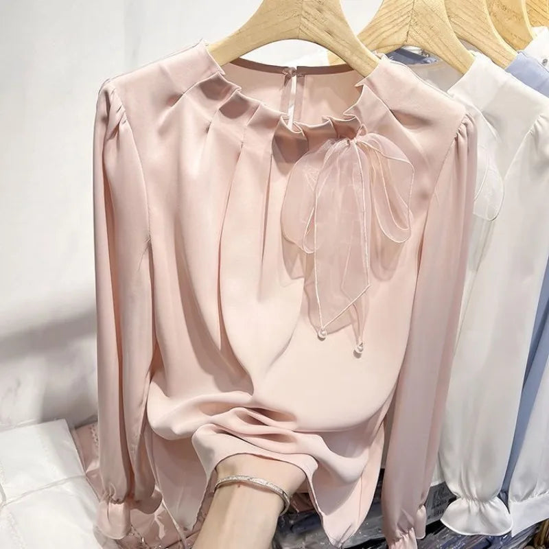 Blusa Feminina Chiffon com Laco e Renda - Manga Comprida Estilo Coreano