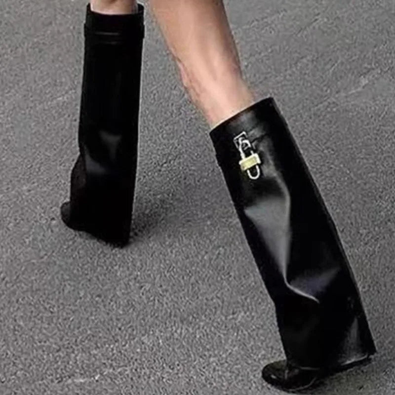 Botas Gothic Over-the-Knee Femininas com Cunha e Forro em Pelo — Estilo Biker Quente