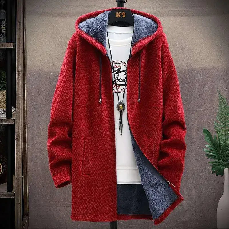 Camisola Cardigan Masculina Slim com Capuz e Forro de Velo | Casaco Longo Quente 2026