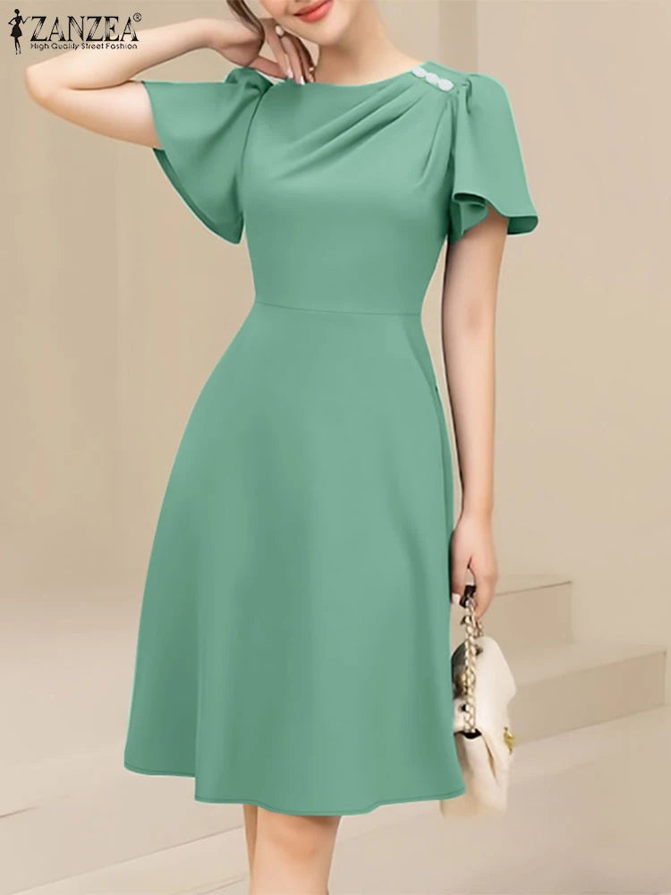 Vestido Feminino Elegante ZANZEA - Manga Curta Comprimento ao Joelho