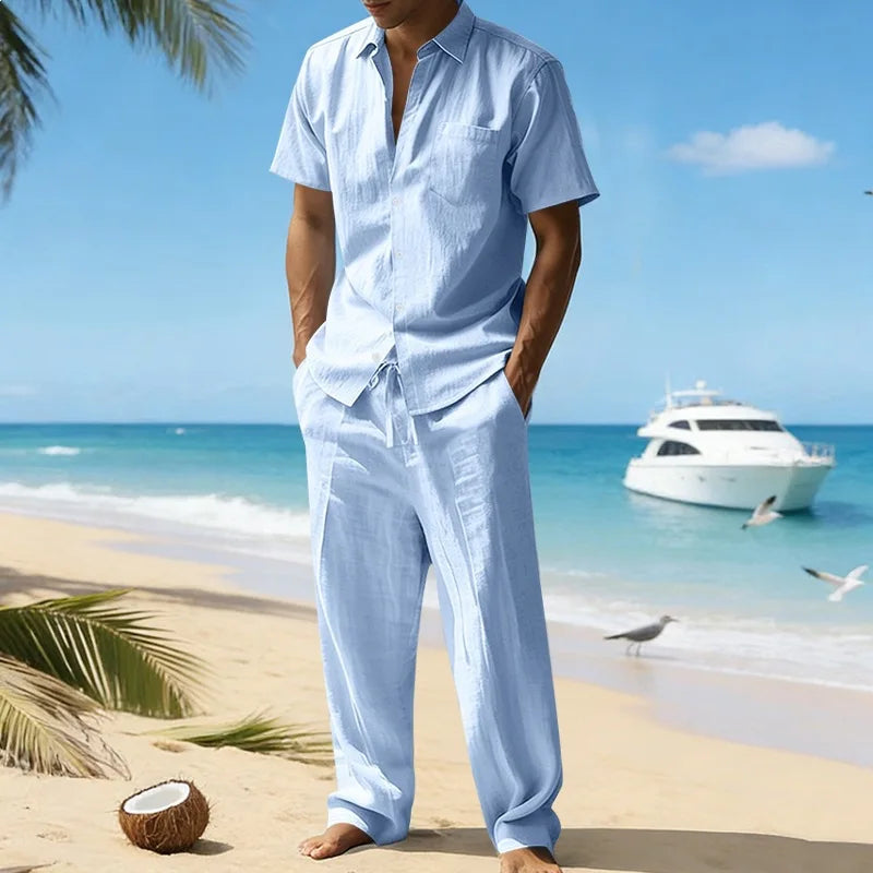 Conjunto Masculino Linho Verao - Camisa Manga Curta e Calcas Compridas