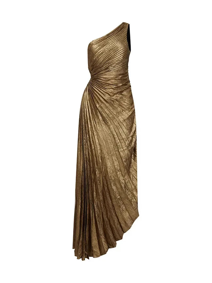 Vestido Longo Dourado Festa 1 Ombro Franzido Elegante