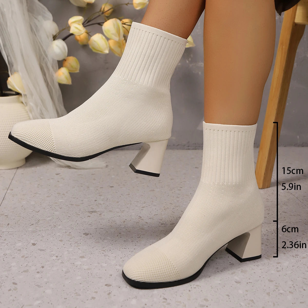 Botins Meias de Malha Femininos com Salto Quadrado — Primavera Outono Inverno