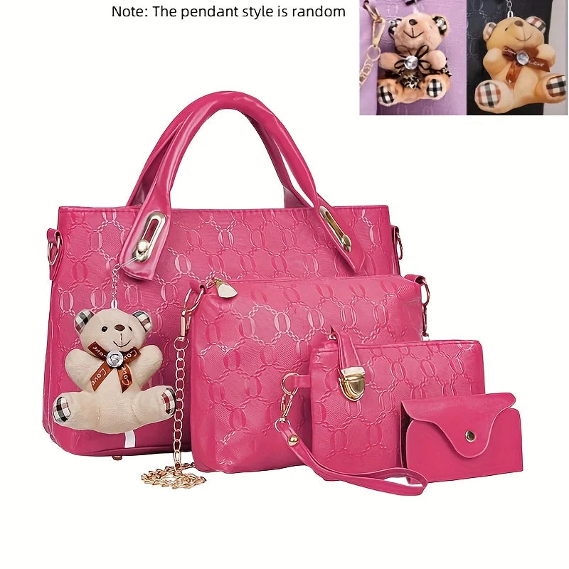 Conjunto 4 Peças Mala Feminina em Relevo com Pendant Urso | TUDOAKI SHOP