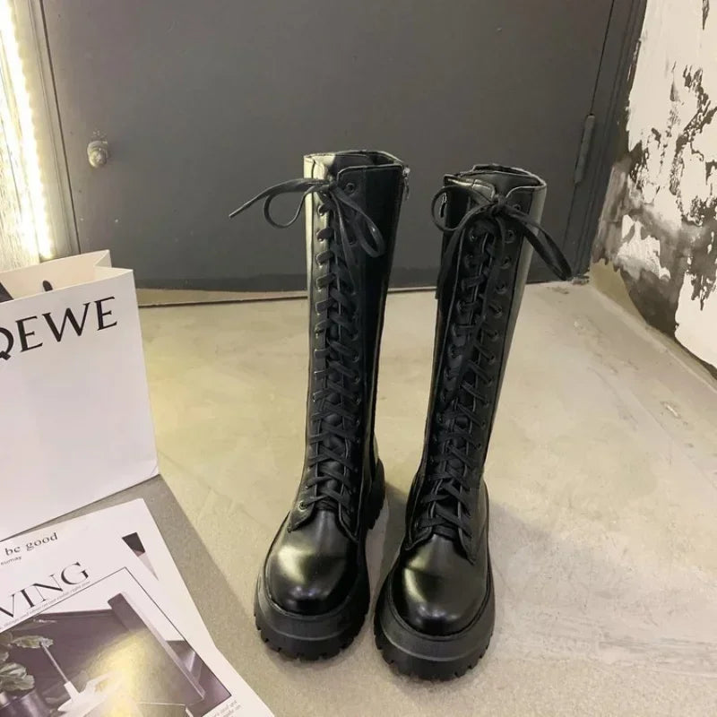 Botas Moto Femininas em PU com Atacadores e Plataforma — Estilo Punk Primavera Outono