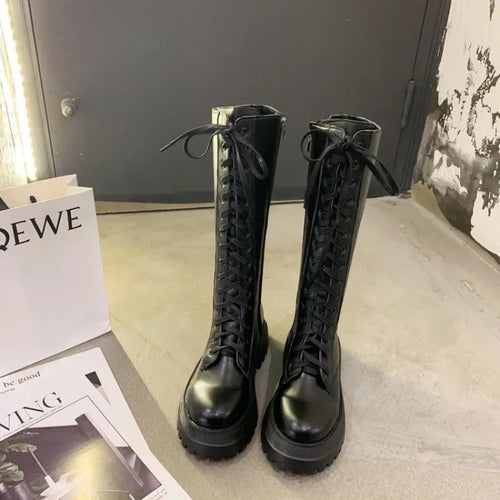 Botas Moto Femininas em PU com Atacadores e Plataforma — Estilo Punk Primavera Outono