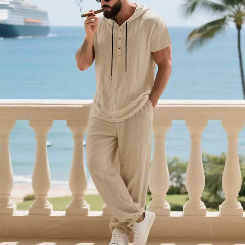 Conjunto Masculino Linho com Capuz - Hoodie e Calcas de Perna Larga