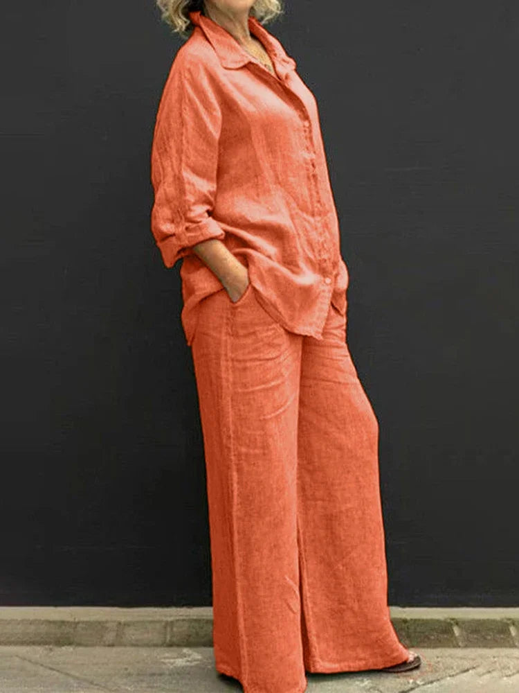 Conjunto Feminino de Linho - Blusa de Botoes e Calcas de Perna Larga
