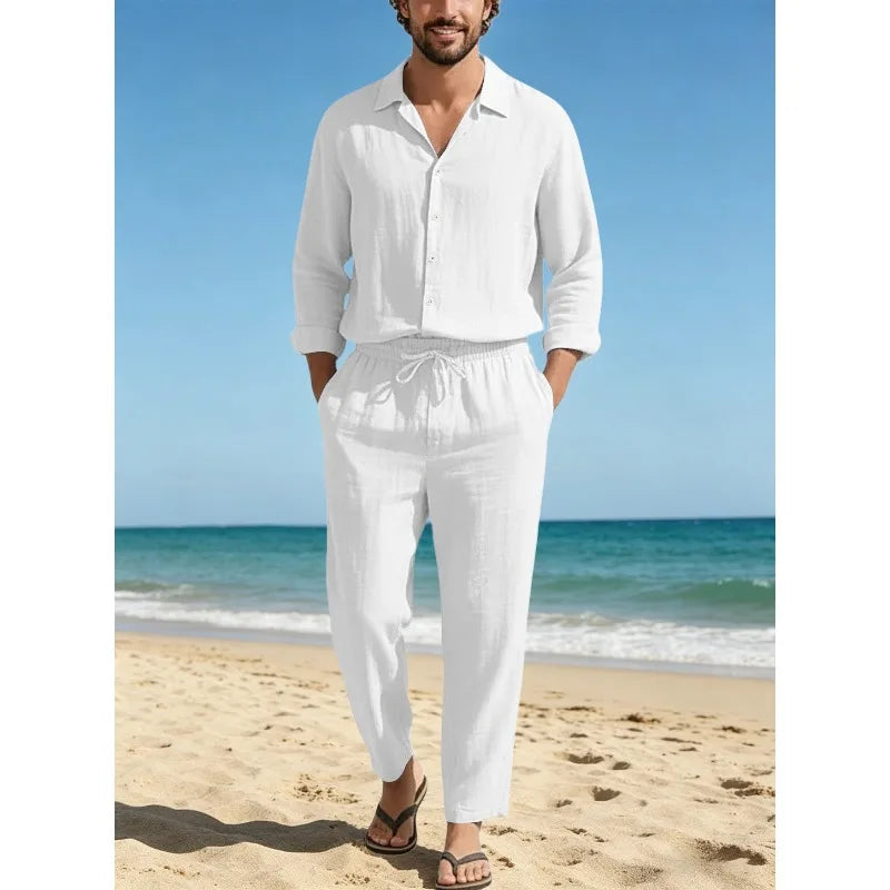 Conjunto Masculino Linho Manga Comprida - Camisa Protecao Solar e Calcas