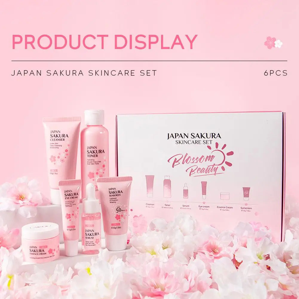 Kit Skincare Sakura 6 peças — Creme, Sérum, Tónico, Protetor Solar e Creme de Olhos