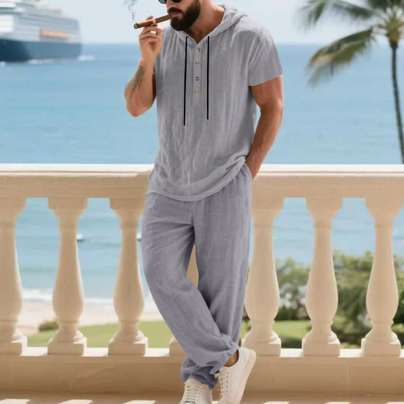 Conjunto Masculino Linho com Capuz - Hoodie e Calcas de Perna Larga