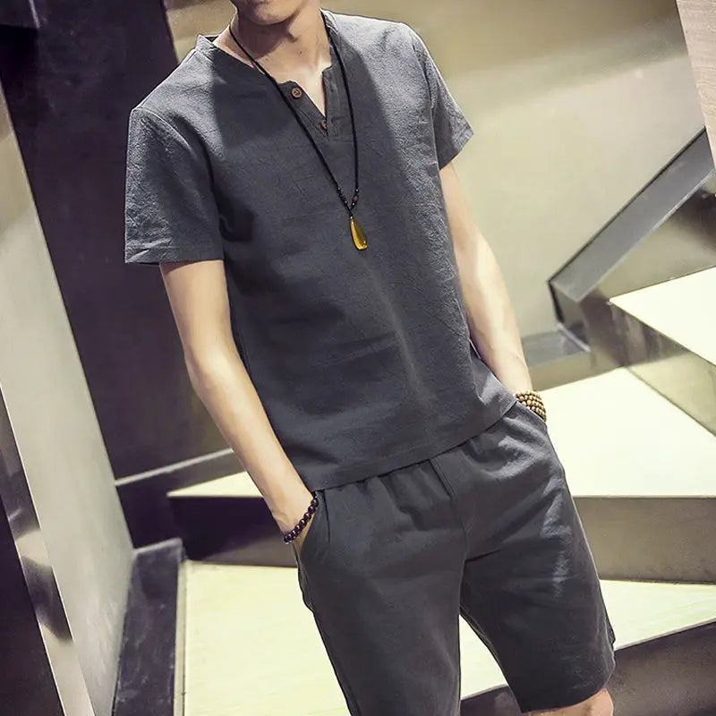 Conjunto Masculino Algodao Linho - T-shirt e Calcas Estilo Chines