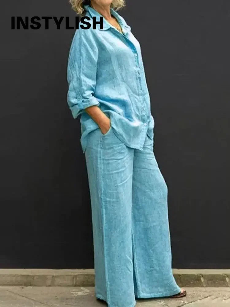 Conjunto Feminino de Linho - Blusa de Botoes e Calcas de Perna Larga