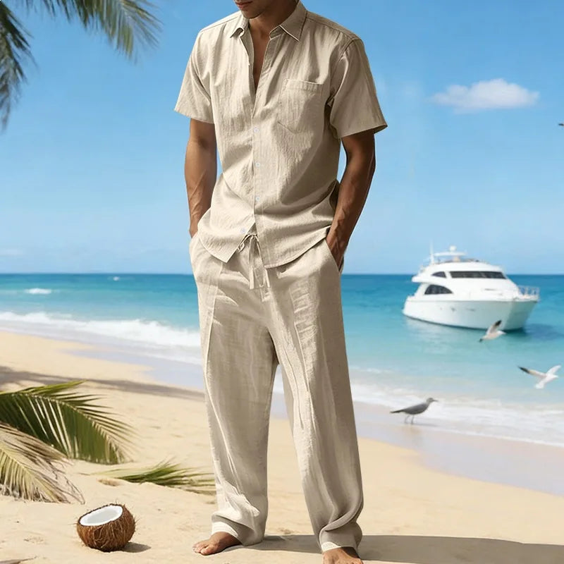 Conjunto Masculino Linho Verao - Camisa Manga Curta e Calcas Compridas