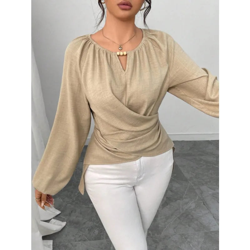 Blusa Feminina Elegante - Gola Redonda Perolas e Mangas Lanterna