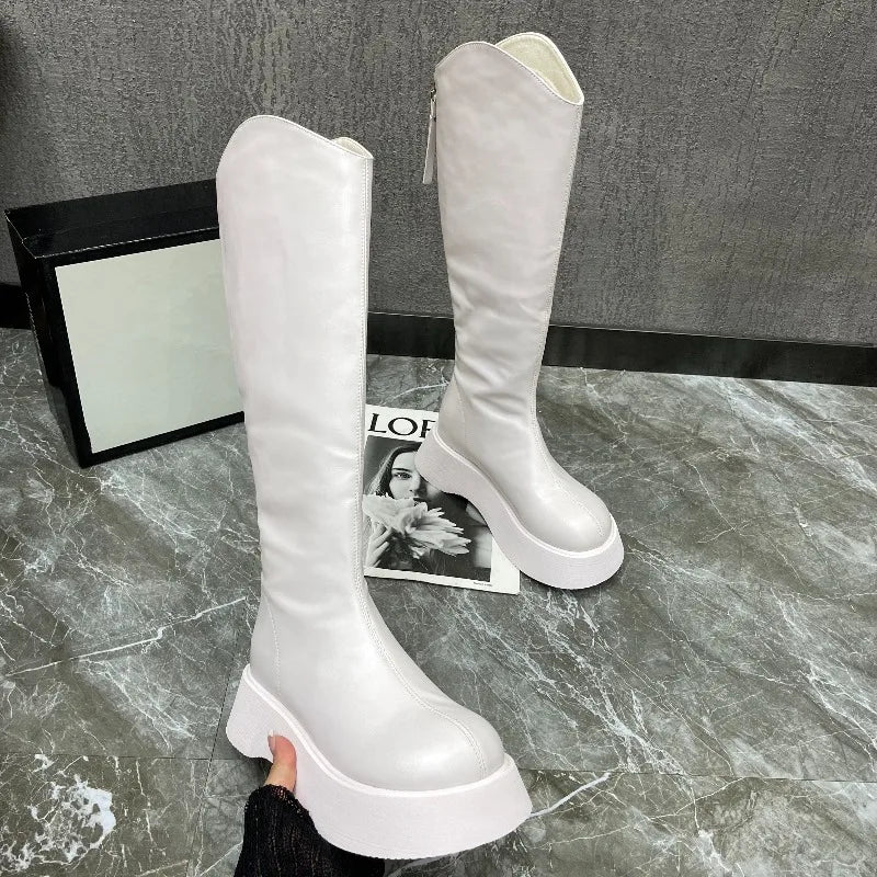 Botas Altas Femininas com Plataforma e Fecho Zip — Estilo Coreano Inverno