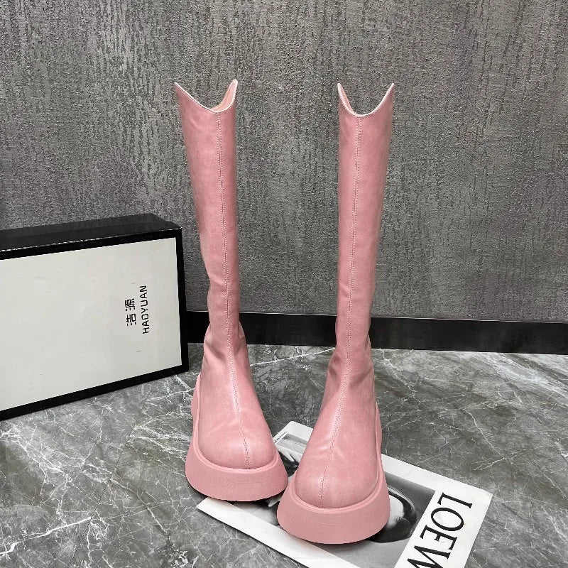 Botas Altas Femininas com Plataforma e Fecho Zip — Estilo Coreano Inverno