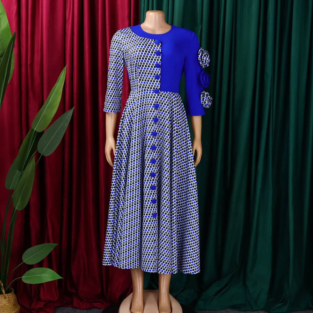 Vestido Longo Africano com Flores 3D e Xadrez | Manga 3/4 | Festa e Gala