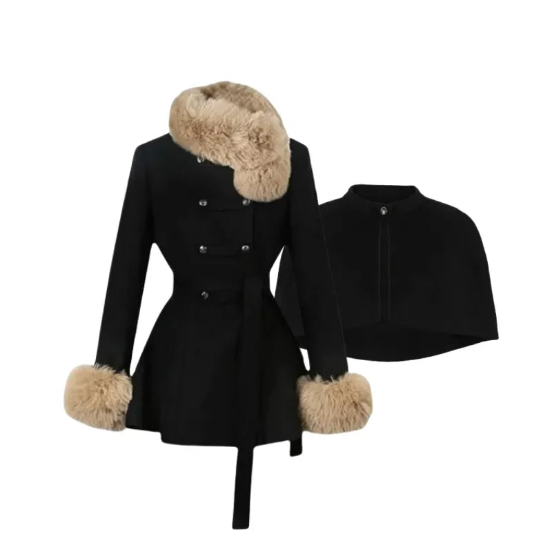 Casaco Vintage Francês de Lã com Capa | Trench Coat Retro Feminino de Inverno