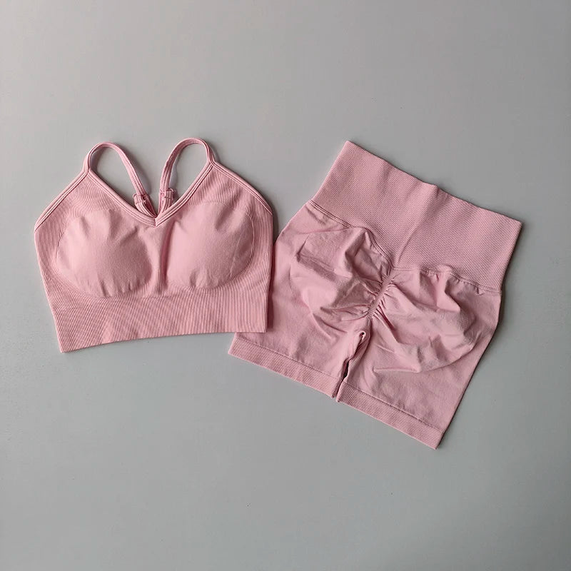 Conjunto Desportivo Feminino | Sutiã V-Back + Calções de Cintura Alta | Yoga & Treino