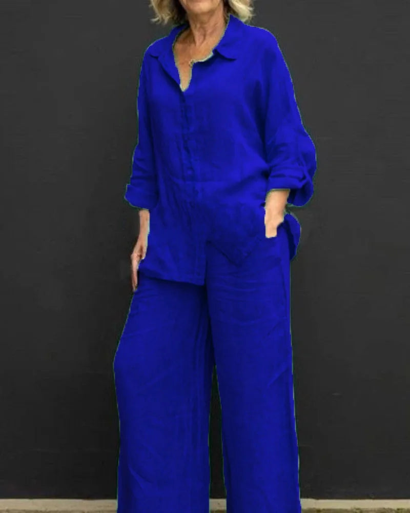 Conjunto Feminino de Linho - Blusa de Botoes e Calcas de Perna Larga