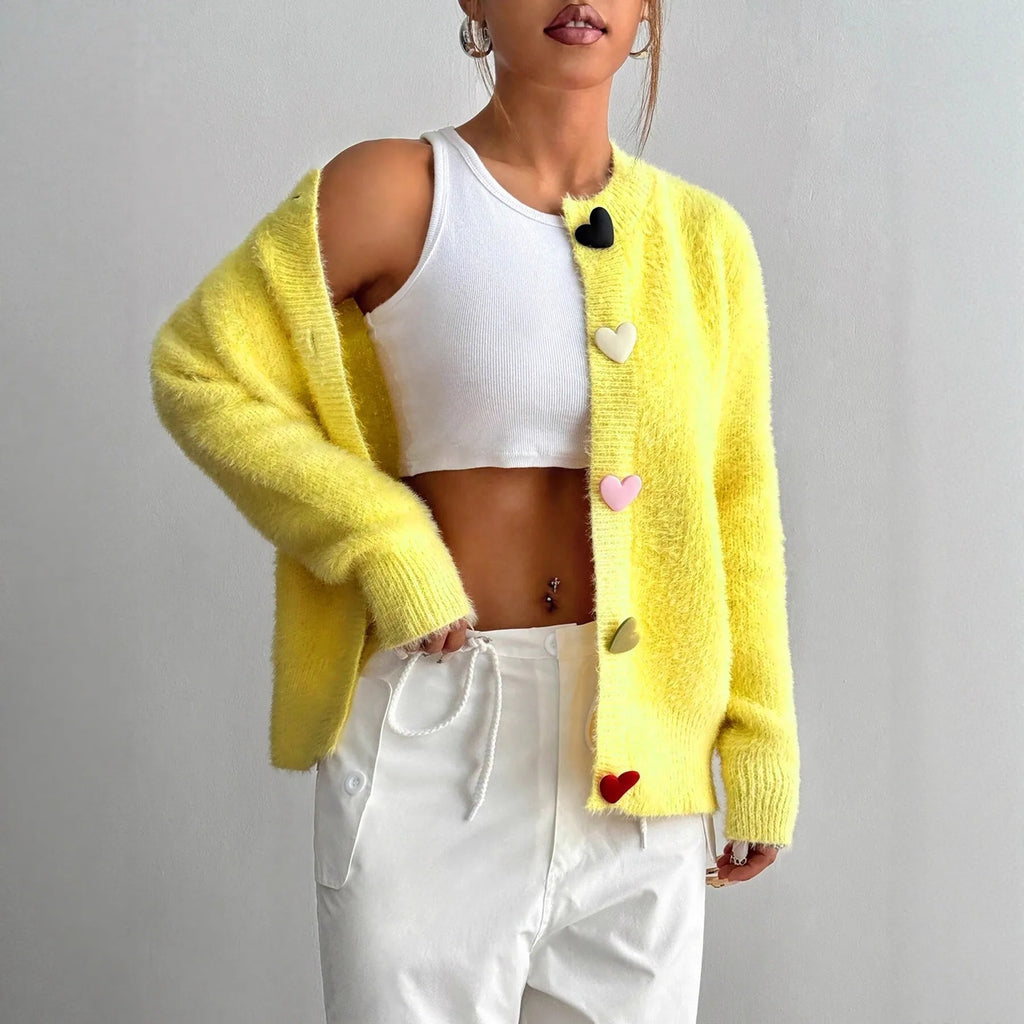 Camisola Cardigan Feminina Amarela com Botões Coração | Malha Outono Inverno