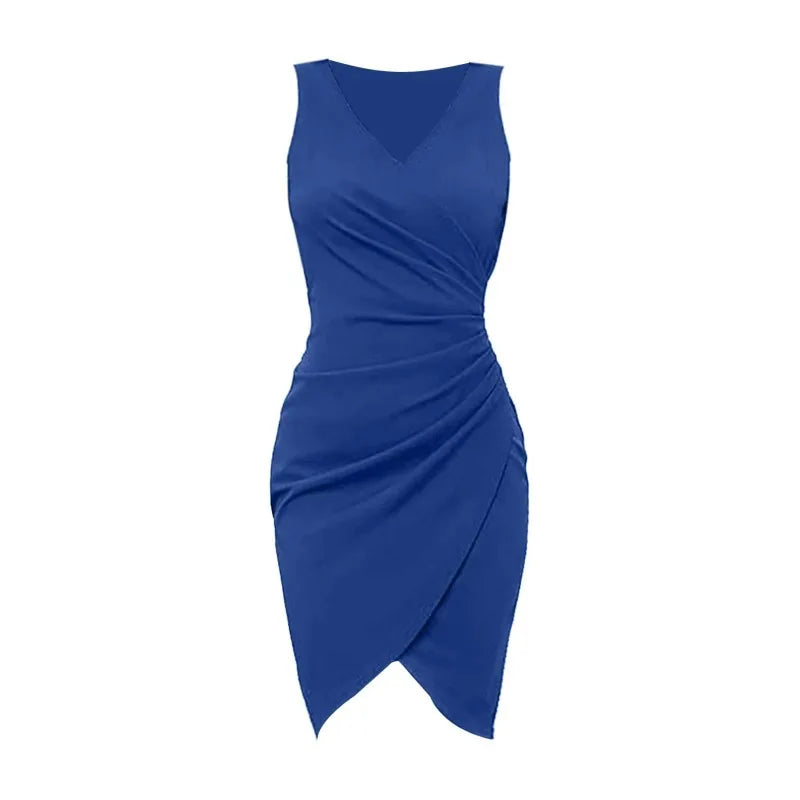 Vestido Cocktail Feminino Sexy Decote em V Sem Mangas Franzido Cor Sólida — Festa e Trabalho