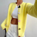Camisola Cardigan Feminina Amarela com Botões Coração | Malha Outono Inverno