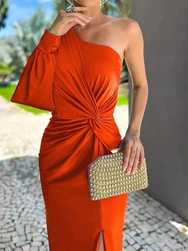 Vestido Longo de Festa com Fenda e Um Ombro para Casamento e Formatura