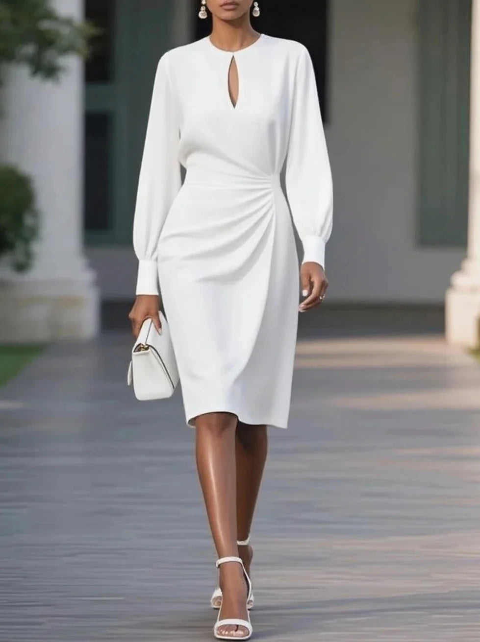 Vestido Midi Elegante com Manga 3/4 e Gola Vazada