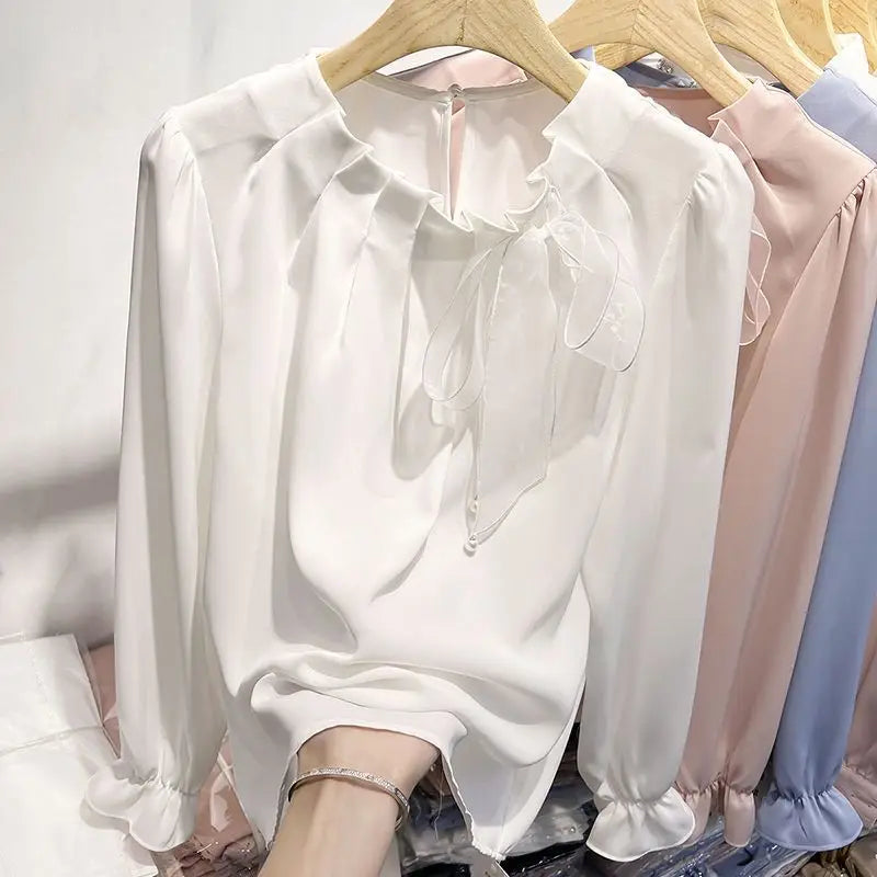 Blusa Feminina Chiffon com Laco e Renda - Manga Comprida Estilo Coreano