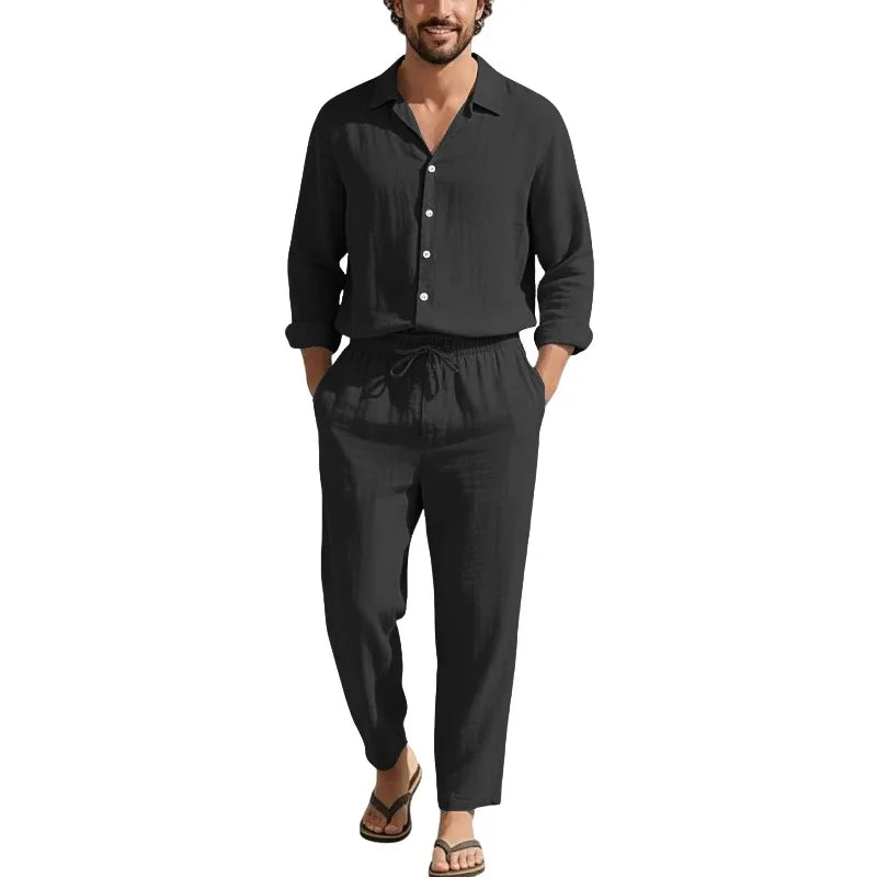 Conjunto Masculino Linho Manga Comprida - Camisa Protecao Solar e Calcas