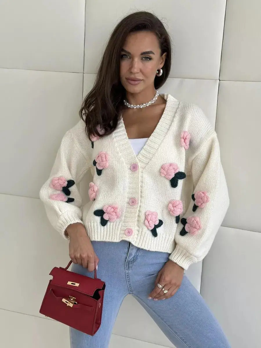Camisola Cardigan Feminina com Flores e Botões | Malha Cropped Outono Inverno