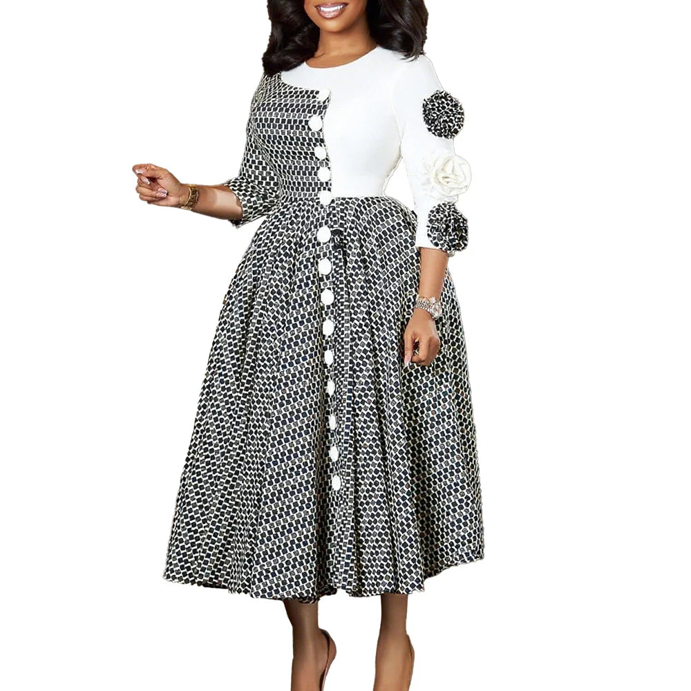 Vestido Longo Africano com Flores 3D e Xadrez | Manga 3/4 | Festa e Gala