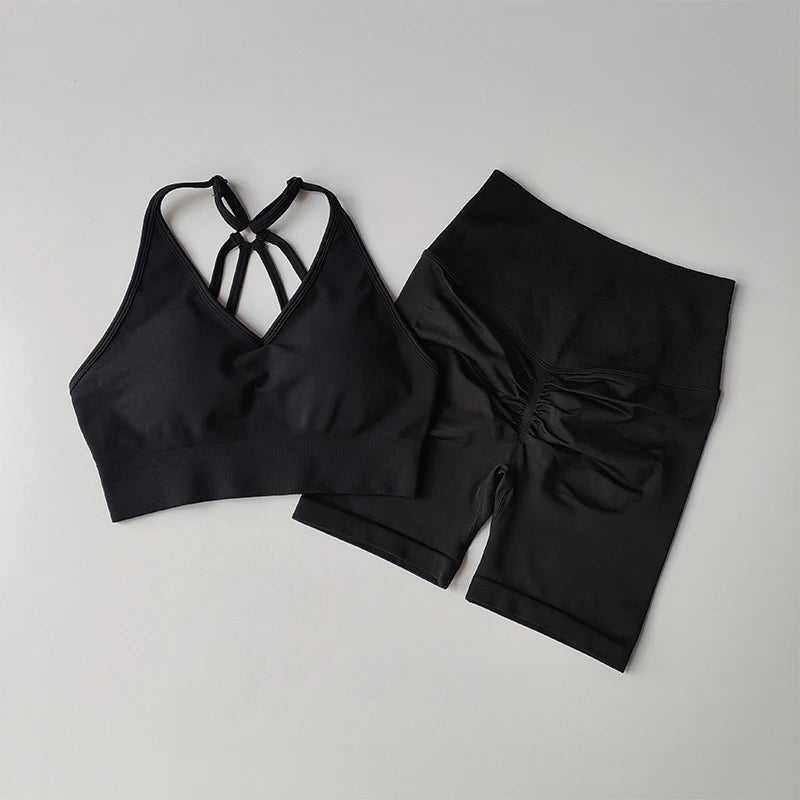 Conjunto Desportivo Feminino | Sutiã V-Back + Calções de Cintura Alta | Yoga & Treino