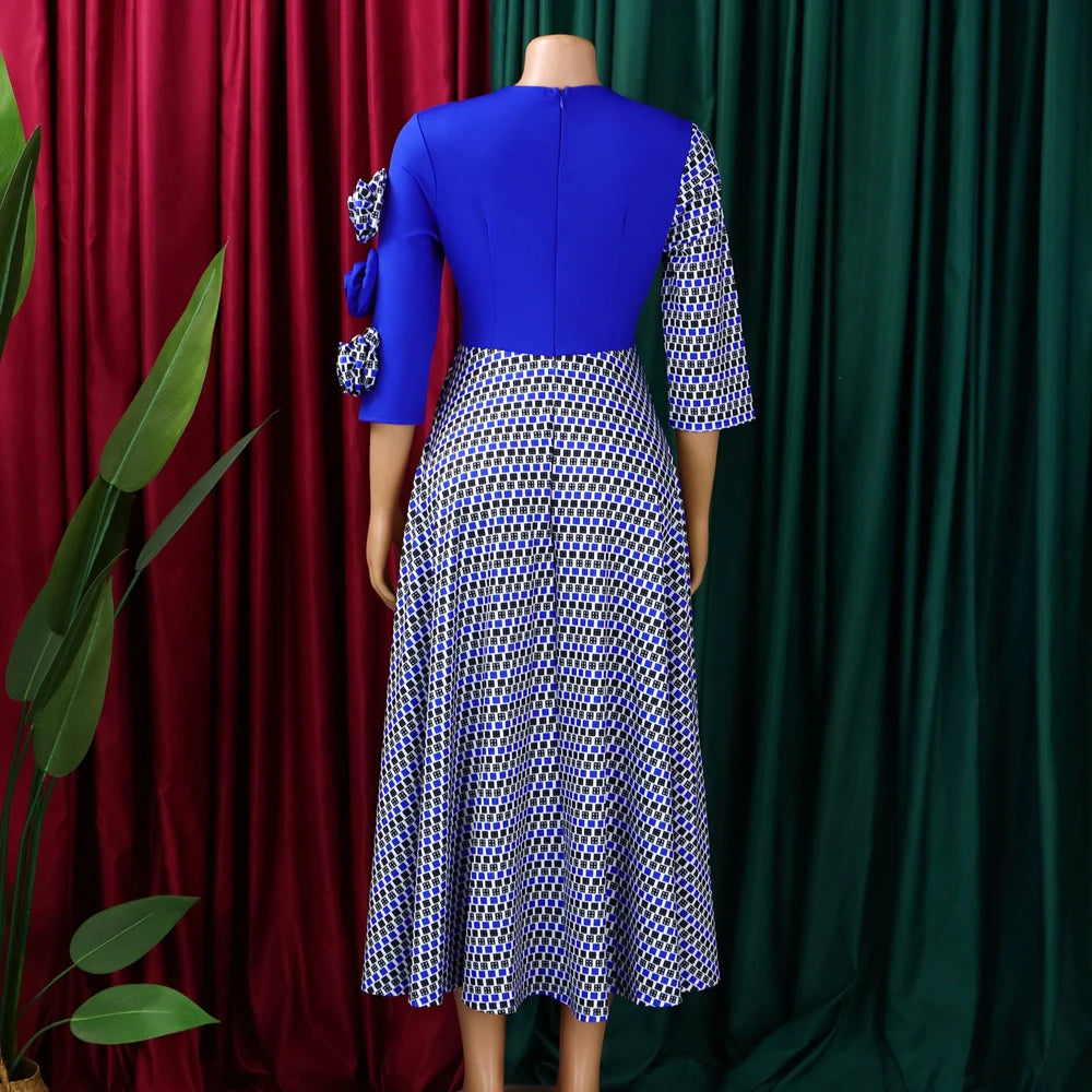 Vestido Longo Africano com Flores 3D e Xadrez | Manga 3/4 | Festa e Gala
