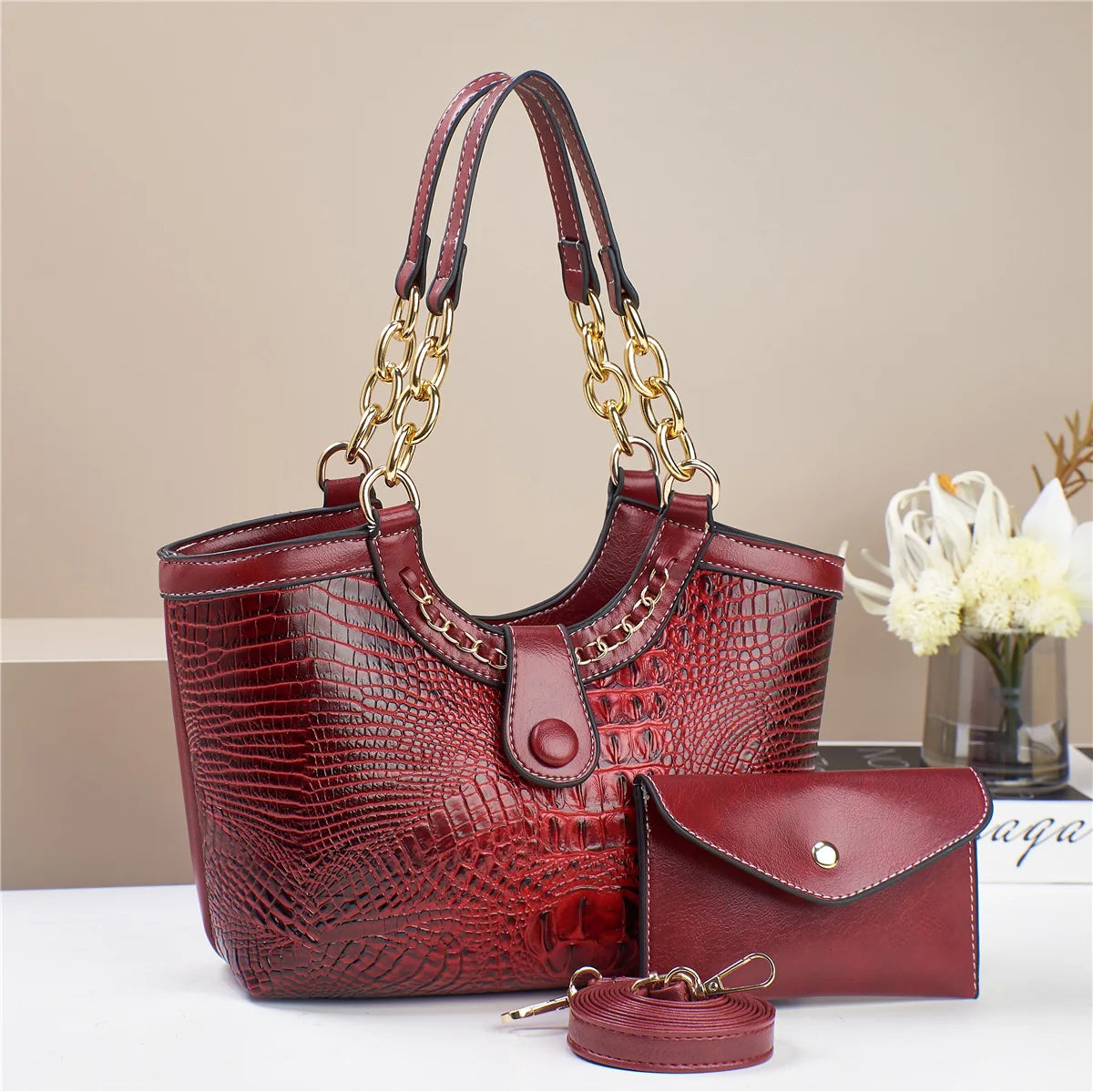 Conjunto 2 Peças Mala Feminina Padrão Crocodilo | Ombro e Crossbody | TUDOAKI SHOP