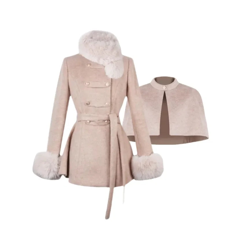 Casaco Vintage Francês de Lã com Capa | Trench Coat Retro Feminino de Inverno