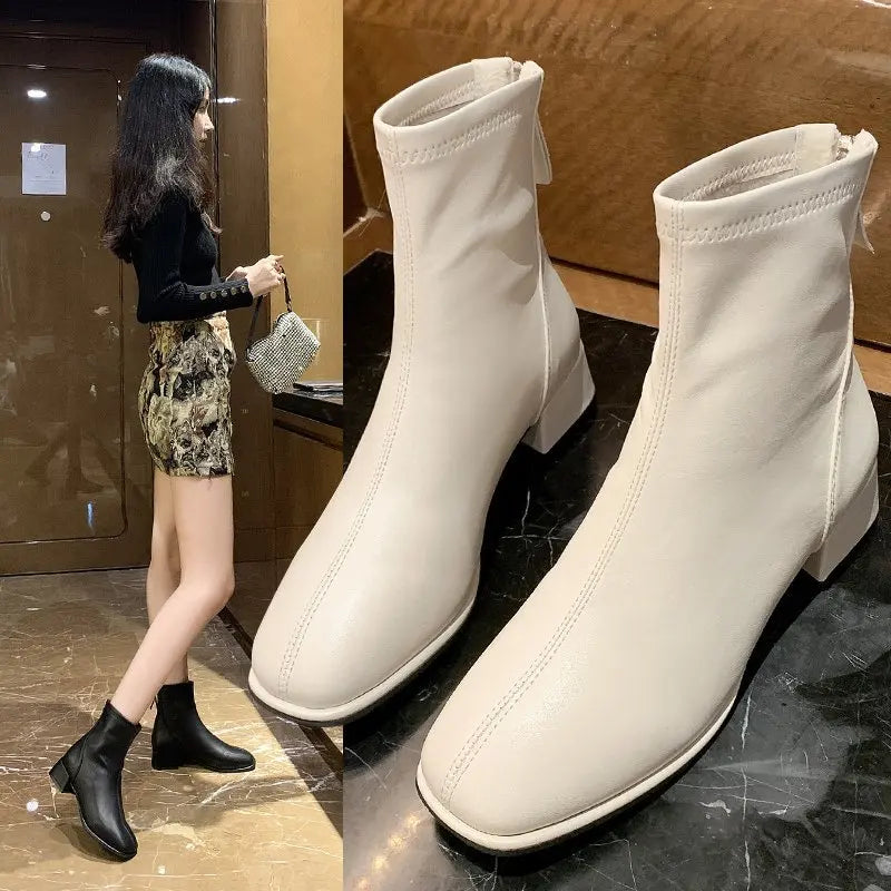 Botins Meias Femininos com Salto Quadrado e Plataforma — Estilo Retro Britânico