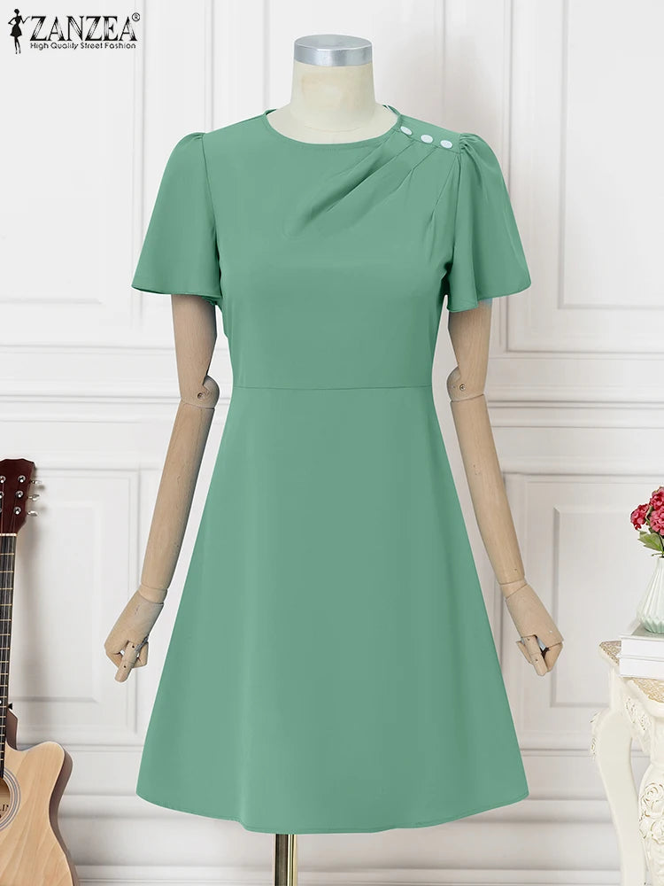 Vestido Feminino Elegante ZANZEA - Manga Curta Comprimento ao Joelho