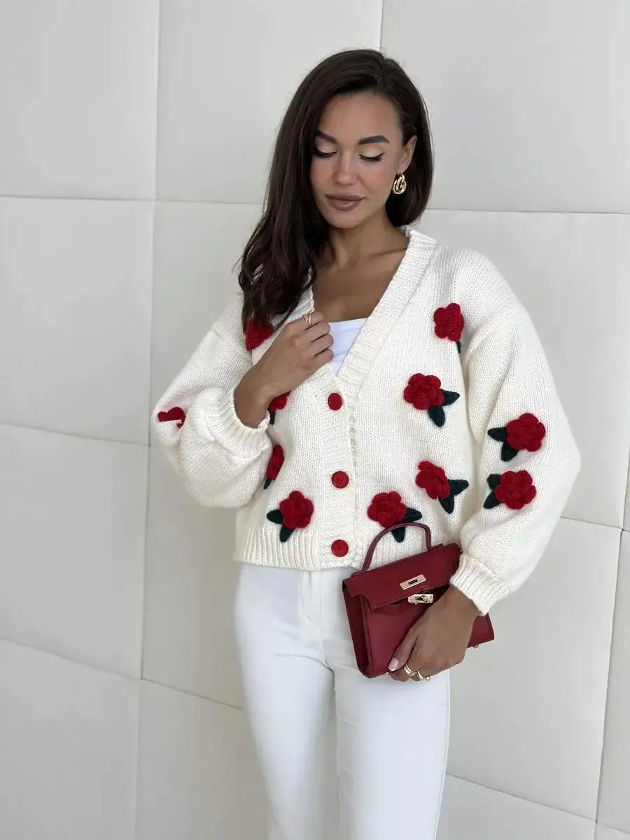Camisola Cardigan Feminina com Flores e Botões | Malha Cropped Outono Inverno