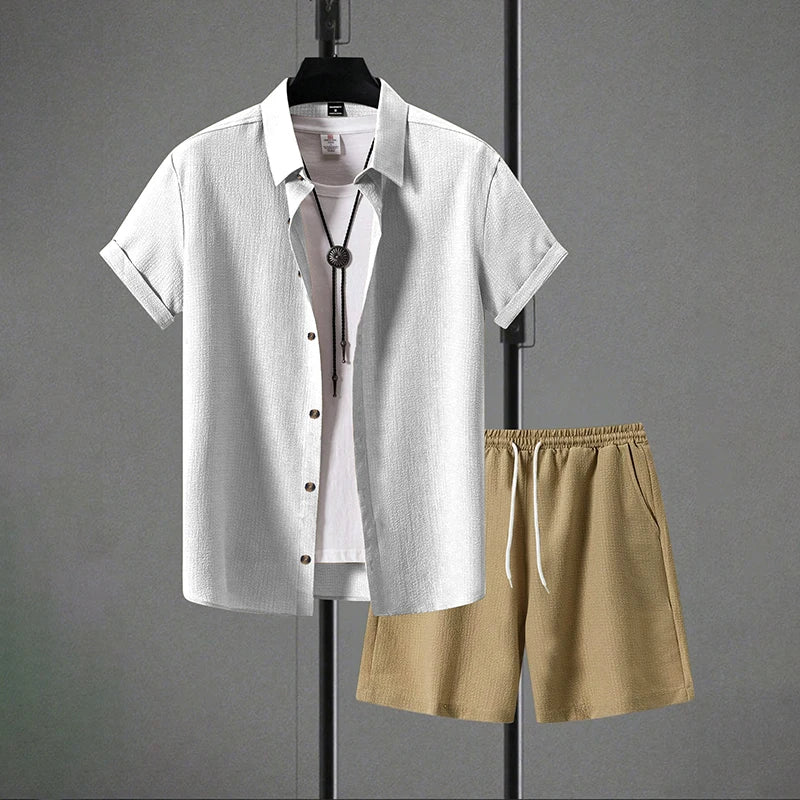Conjunto Masculino Linho - Camisa Manga Curta e Calcoes de Praia