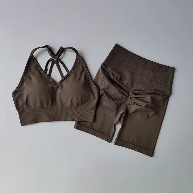 Conjunto Desportivo Feminino | Sutiã V-Back + Calções de Cintura Alta | Yoga & Treino