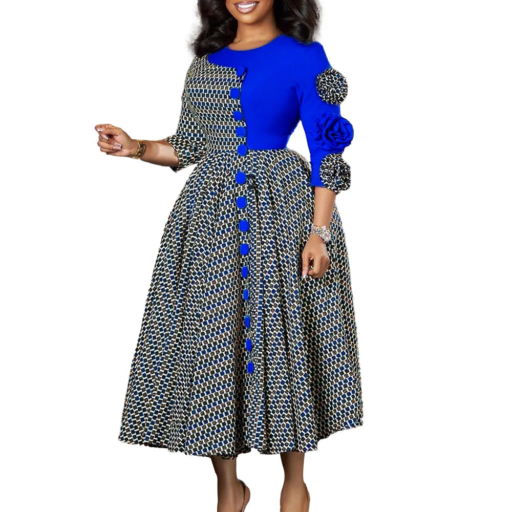 Vestido Longo Africano com Flores 3D e Xadrez | Manga 3/4 | Festa e Gala