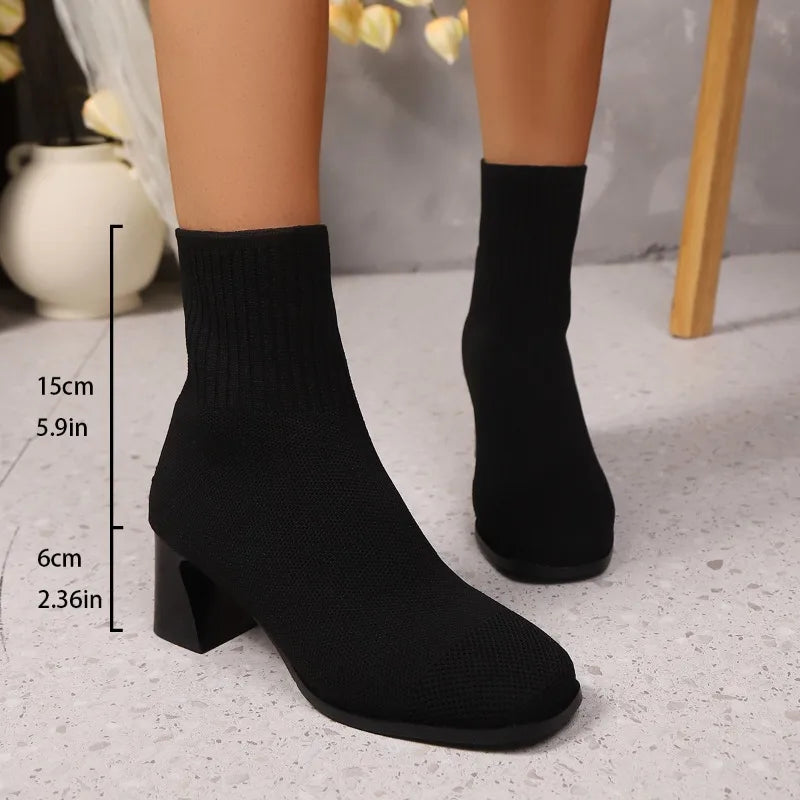 Botins Meias de Malha Femininos com Salto Quadrado — Primavera Outono Inverno
