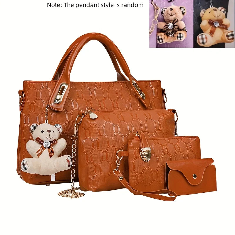 Conjunto 4 Peças Mala Feminina em Relevo com Pendant Urso | TUDOAKI SHOP